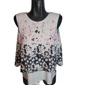 Rodan White Floral Print Sleeveless Layered Top M